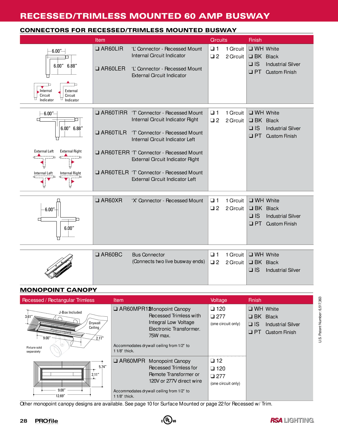 Profile 60 AMP BUSWAY manual Connectors for RECESSED/TRIMLESS Mounted Busway, AR60LIR, AR60LER 