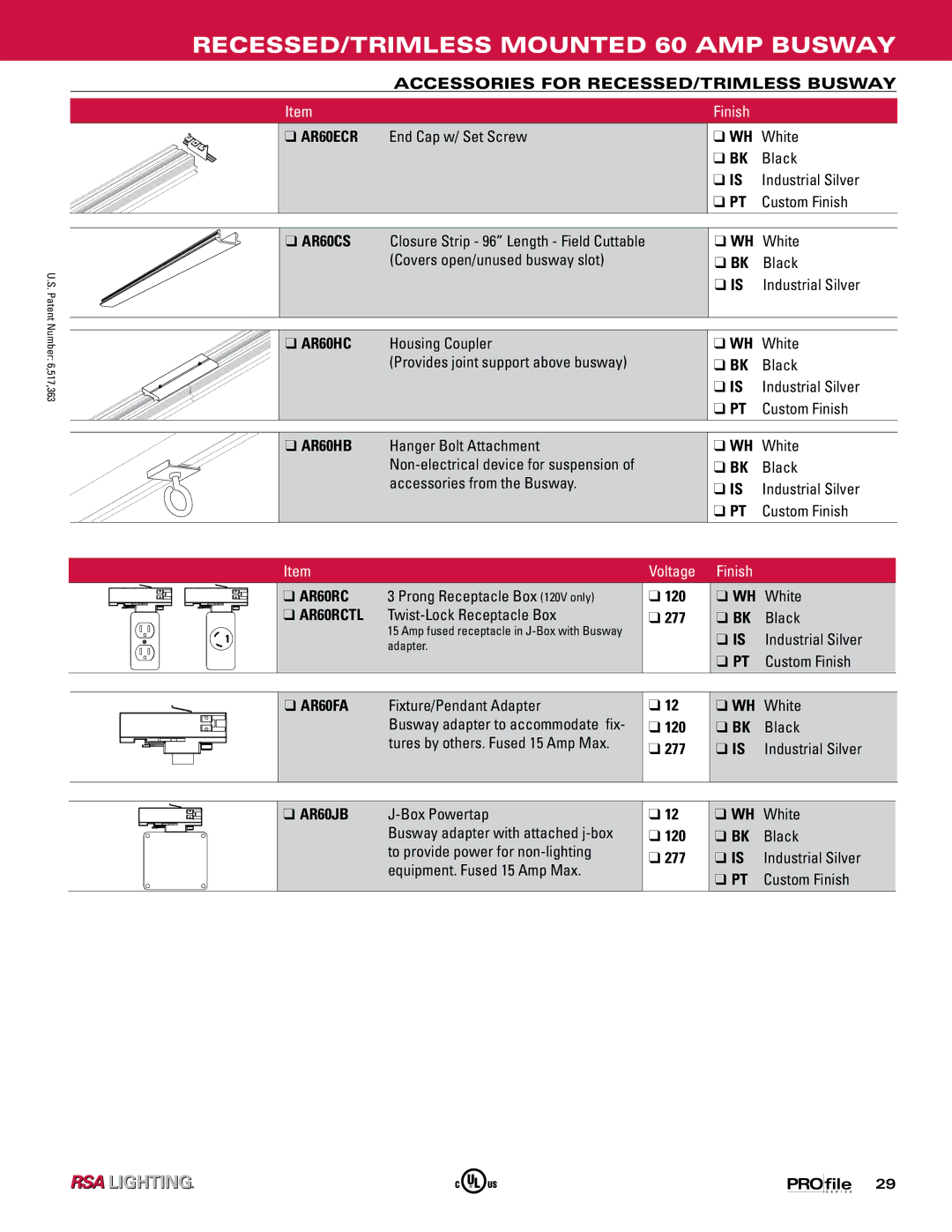 Profile 60 AMP BUSWAY manual Accessories for RECESSED/TRIMLESS Busway 