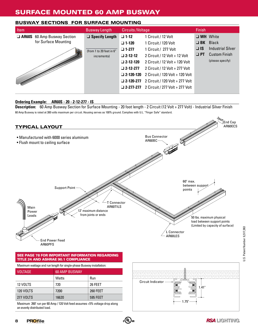 Profile 60 AMP BUSWAY manual Surface Mounted 60 AMP Busway, Busway Sections for Surface Mounting, Typical Layout 