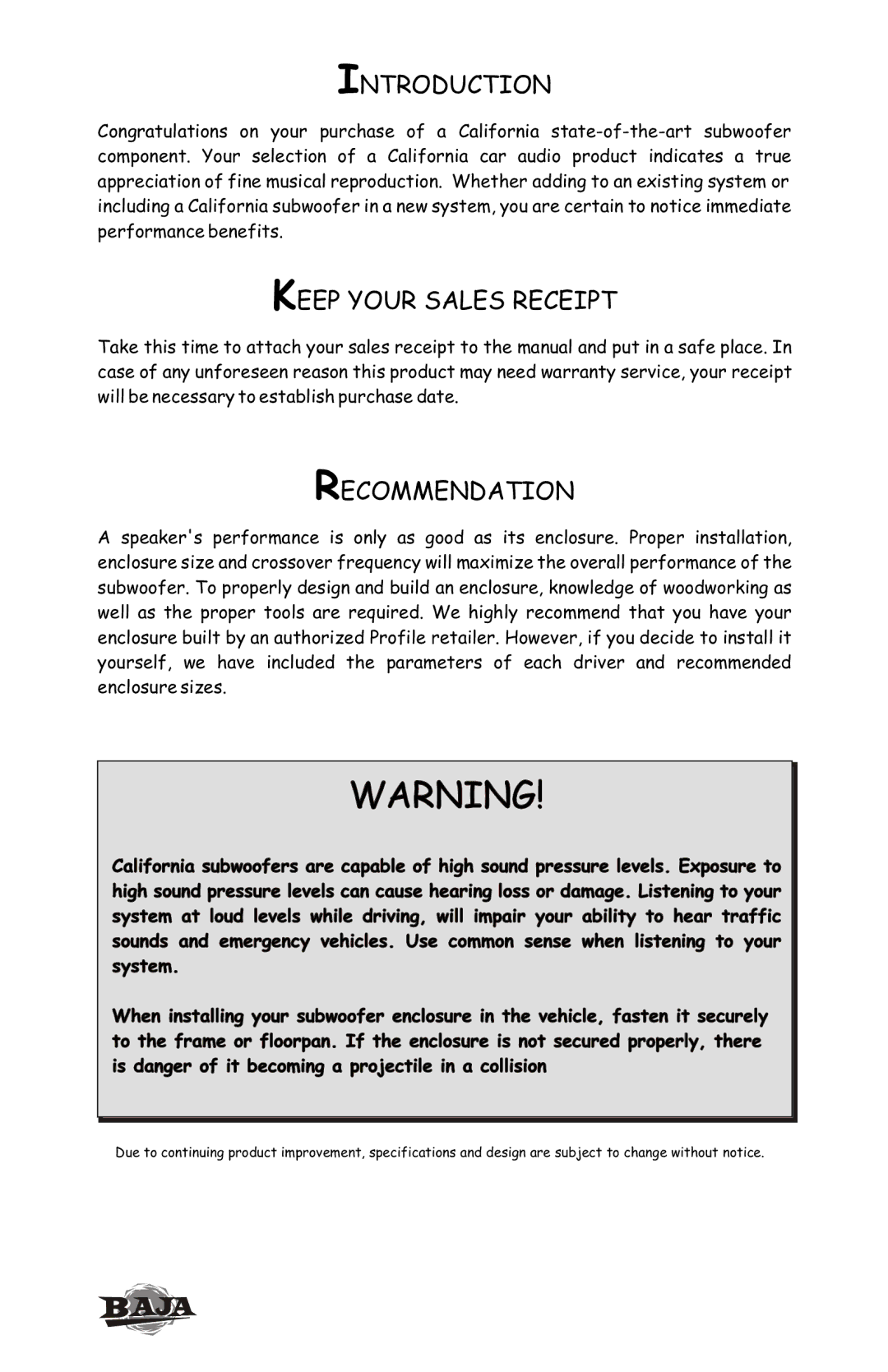 Profile BX12 installation instructions Introduction, Keep Your Sales Receipt, Recommendation 