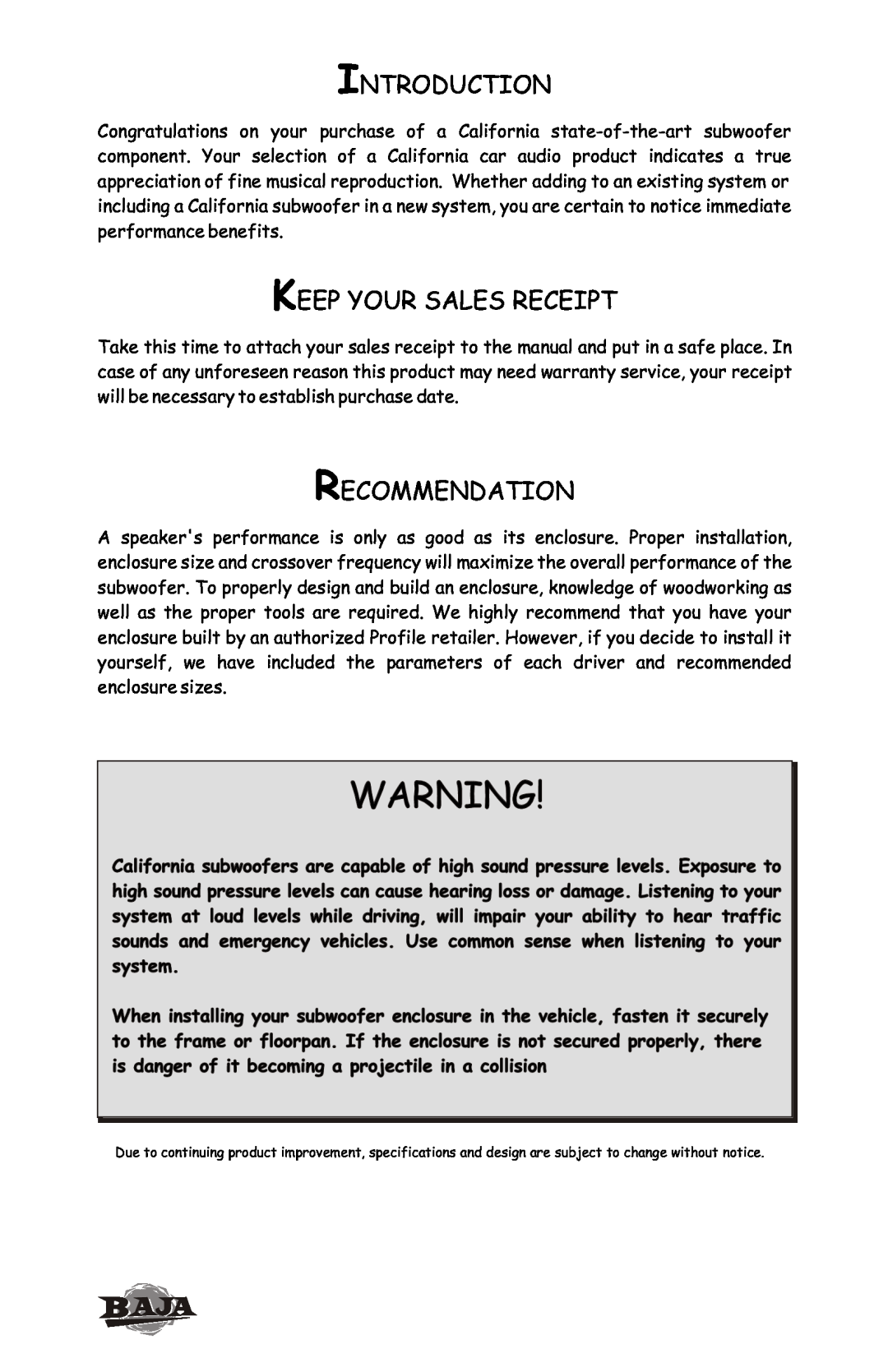 Profile BX12 installation instructions Introduction, Keep Your Sales Receipt, Recommendation 