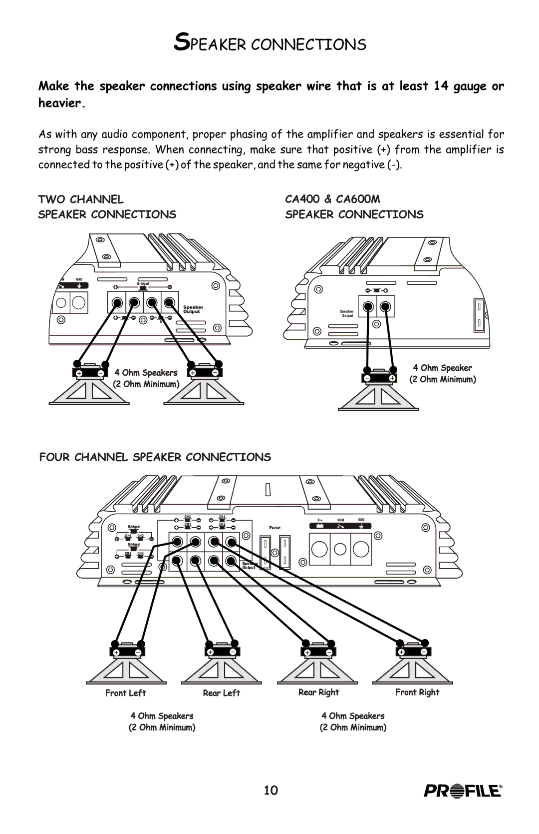 Profile CA640, CA600M, CA440, CA200, CA800, CA400M, CA1200 installation instructions Four Channel Speaker Connections 