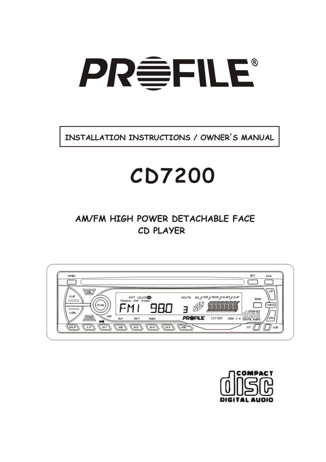 Profile CD7200 installation instructions AM/FM High Power Detachable Face CD Player 