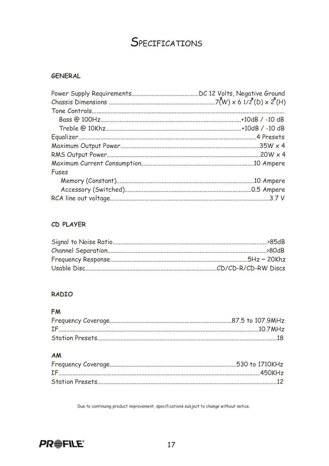 Profile CD7200 installation instructions Specifications 