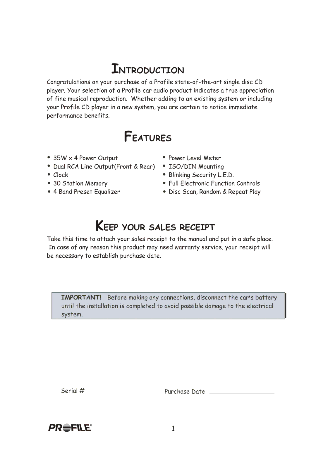 Profile CD7200 installation instructions Introduction, Features, Keep Your Sales Receipt 