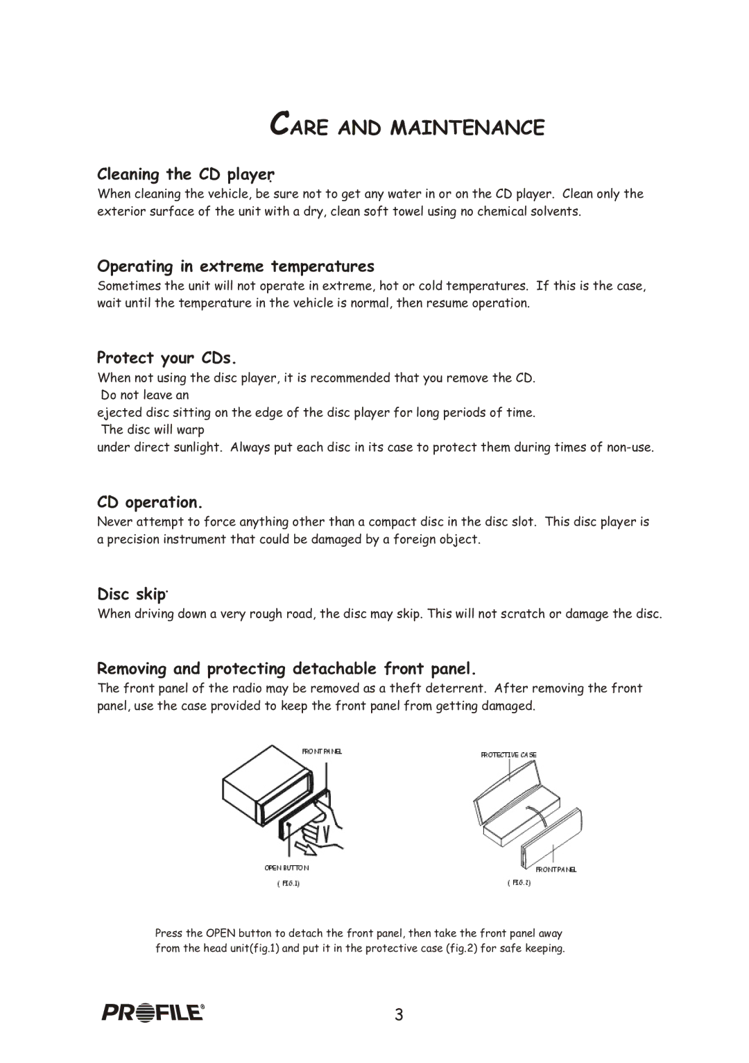 Profile CD7200 installation instructions Care and Maintenance, Cleaning the CD player 