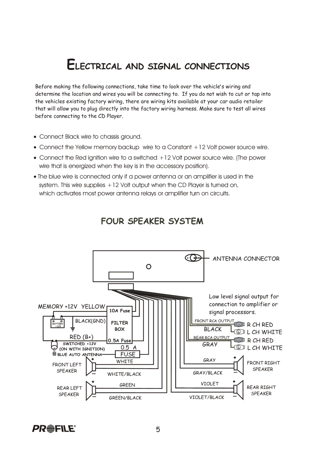 Profile CD7200 installation instructions Electrical and Signal Connections, Four Speaker System 