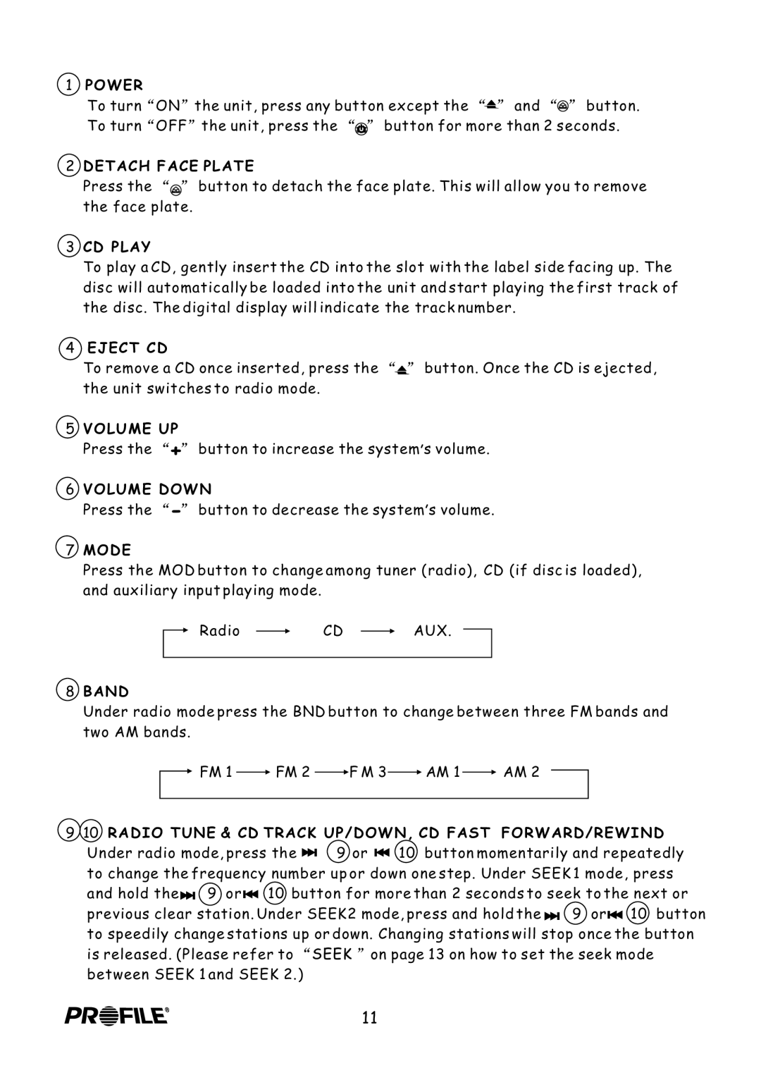 Profile CD8200 installation instructions Power, Detach Face Plate, CD Play, Eject CD, Volume UP, Mode, Band 