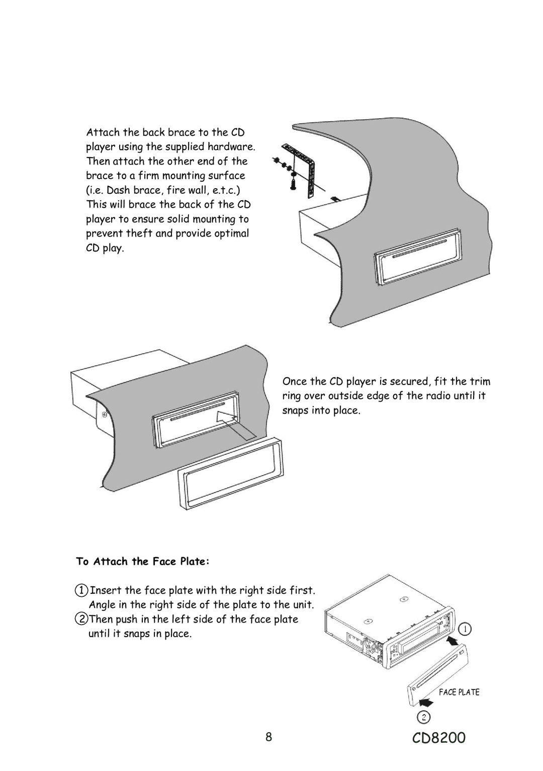 Profile AM/FM HIGH POWER DETACHABLE FACE CD PLAYER installation instructions 8CD8200 