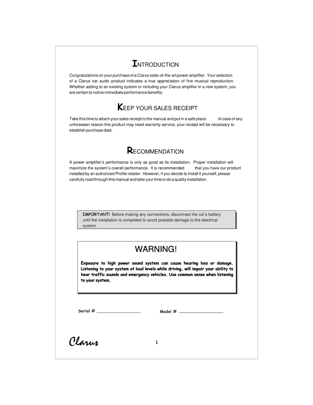 Profile CL440 installation instructions Introduction, Keep Your Sales Receipt, Recommendation 