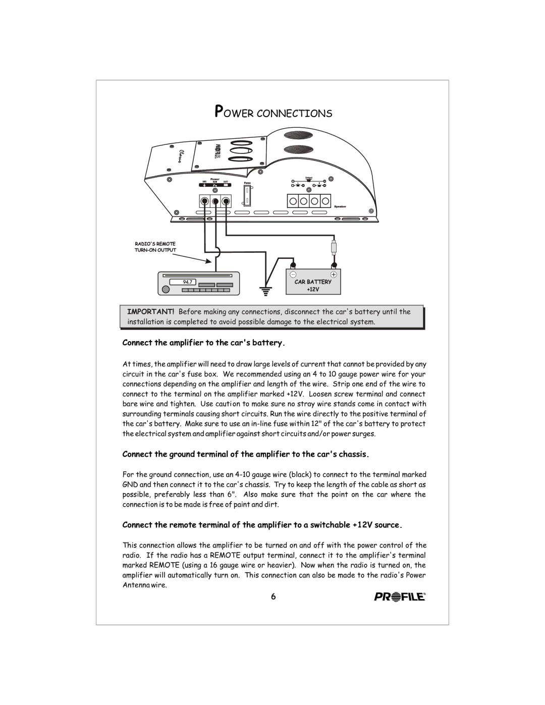 Profile CL440 installation instructions Power Connections, Connect the amplifier to the cars battery 