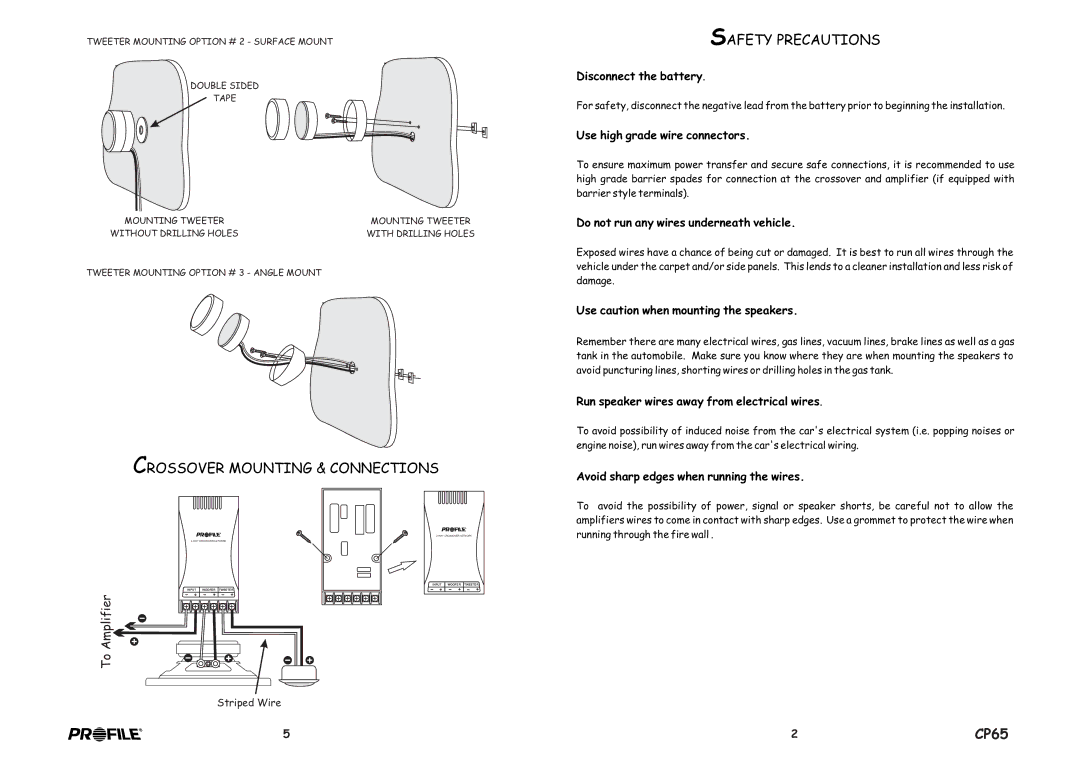 Profile CP65 installation instructions Crossover Mounting & Connections Safety Precautions, Disconnect the battery 