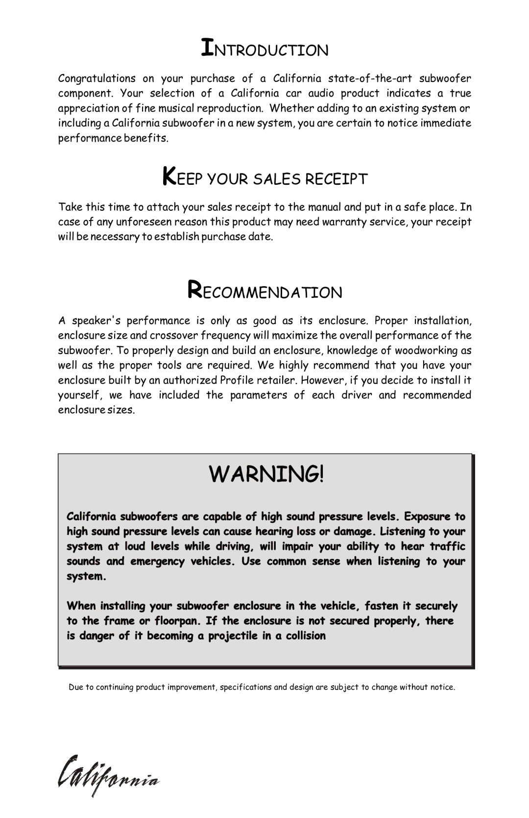 Profile CZ12 installation instructions Introduction, Keep Your Sales Receipt, Recommendation 