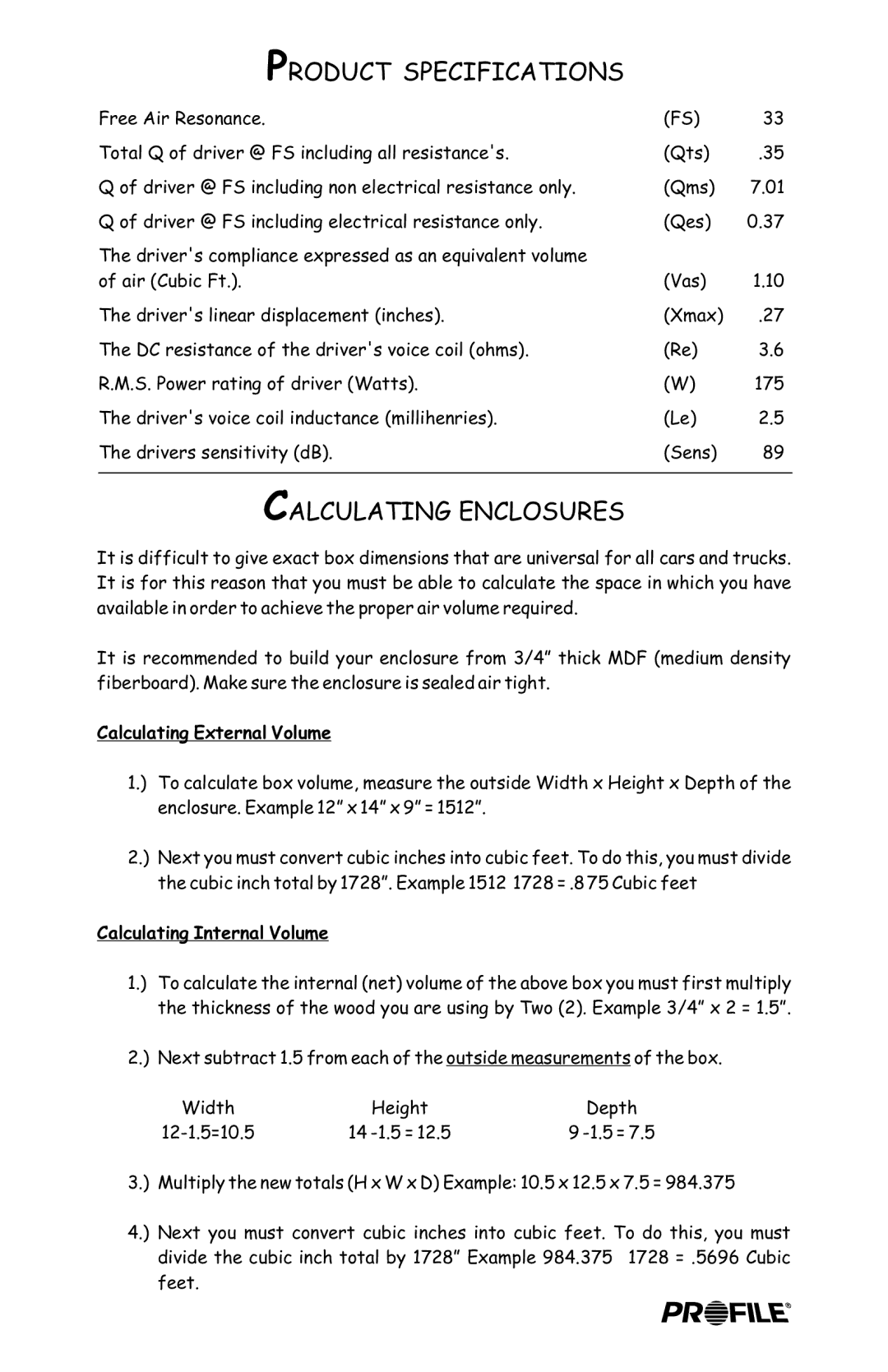 Profile CZ12 installation instructions Product Specifications, Calculating Enclosures 