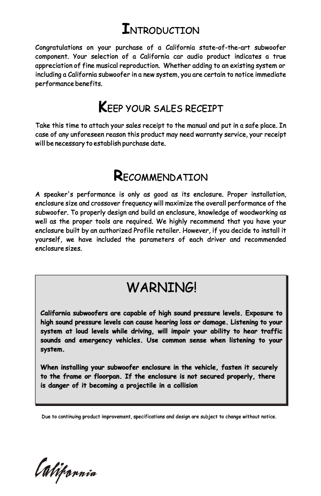 Profile CZ12 installation instructions Introduction, Keep Your Sales Receipt, Recommendation 