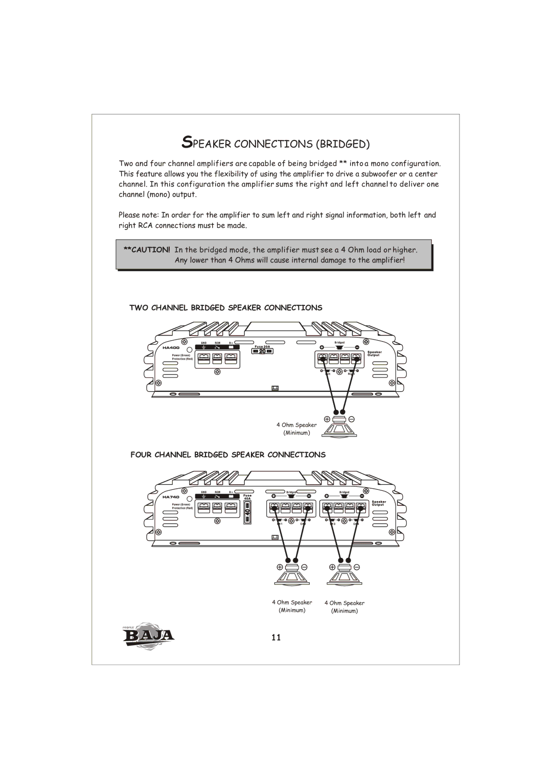 Profile HA1000 installation instructions Speaker Connections Bridged 