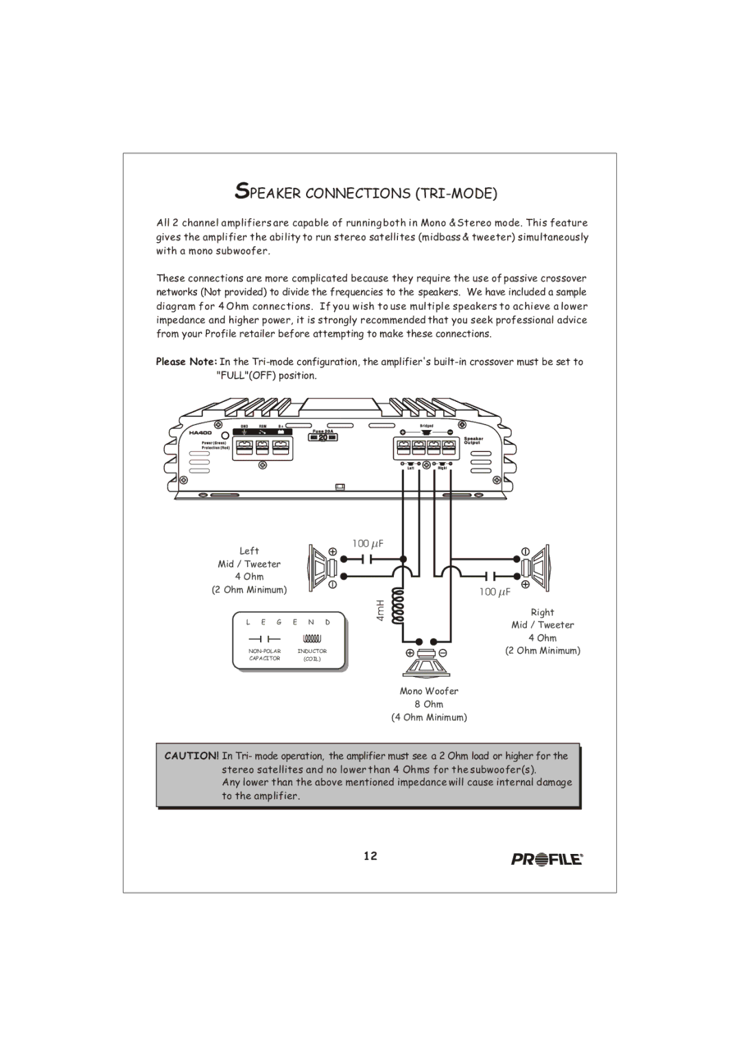 Profile HA1000 installation instructions Speaker Connections TRI-MODE 