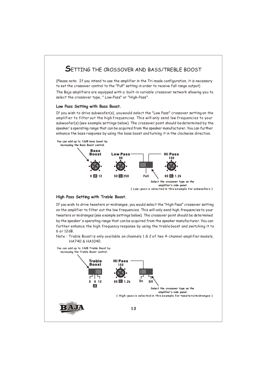 Profile HA1000 installation instructions Setting the Crossover and BASS/TREBLE Boost, Low Pass Setting with Bass Boost 