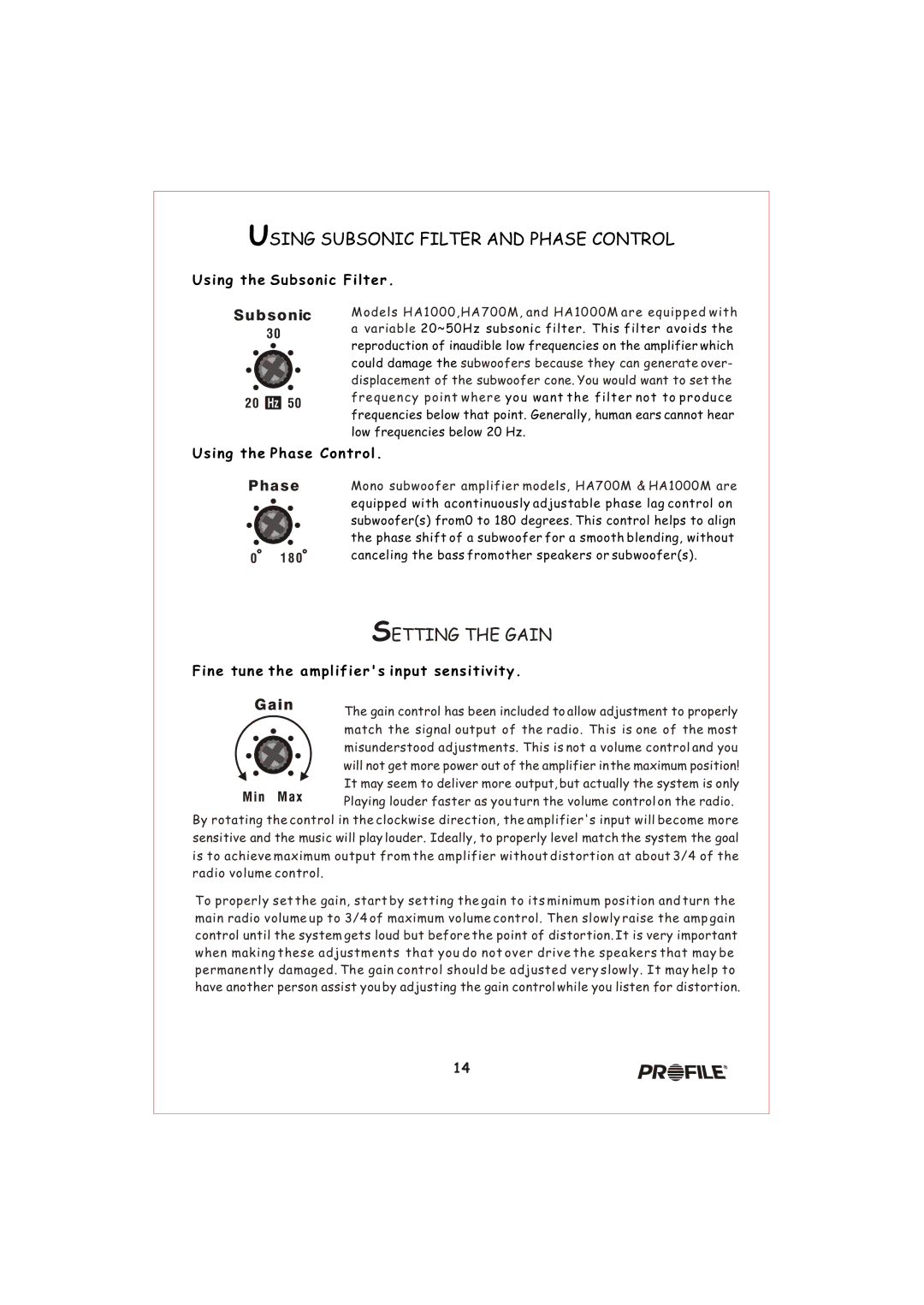 Profile HA1000 installation instructions Using Subsonic Filter and Phase Control, Setting the Gain 