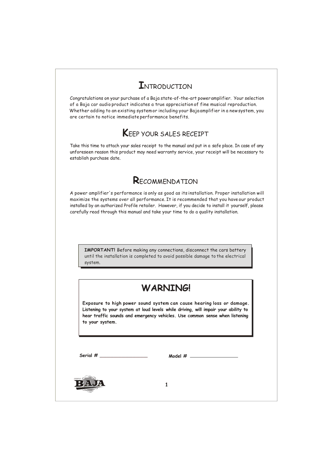 Profile HA1000 installation instructions Introduction, Keep Your Sales Receipt, Recommendation 