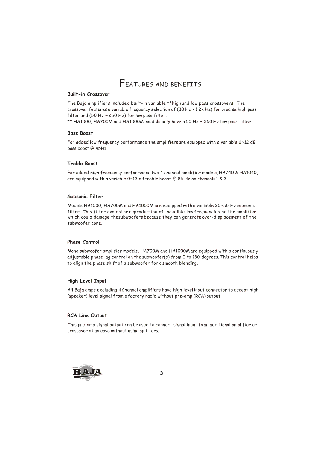 Profile HA1000 installation instructions Features and Benefits 