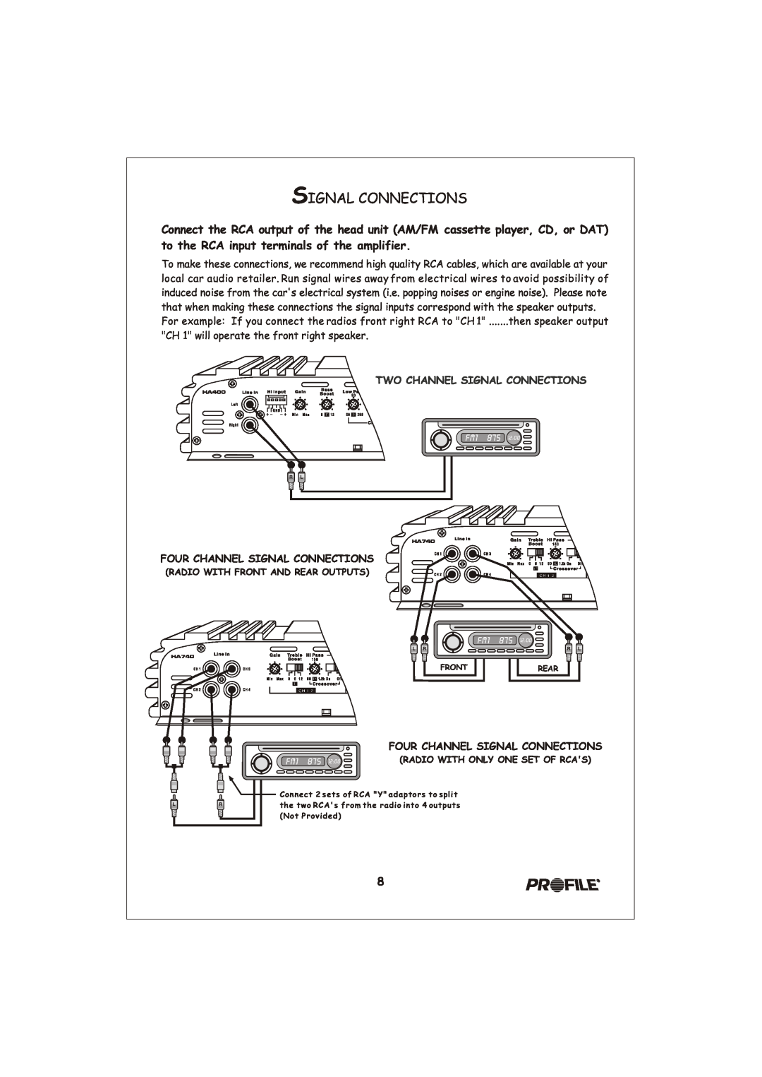 Profile HA1000 installation instructions Four Channel Signal Connections, Two Channel Signal Connections 
