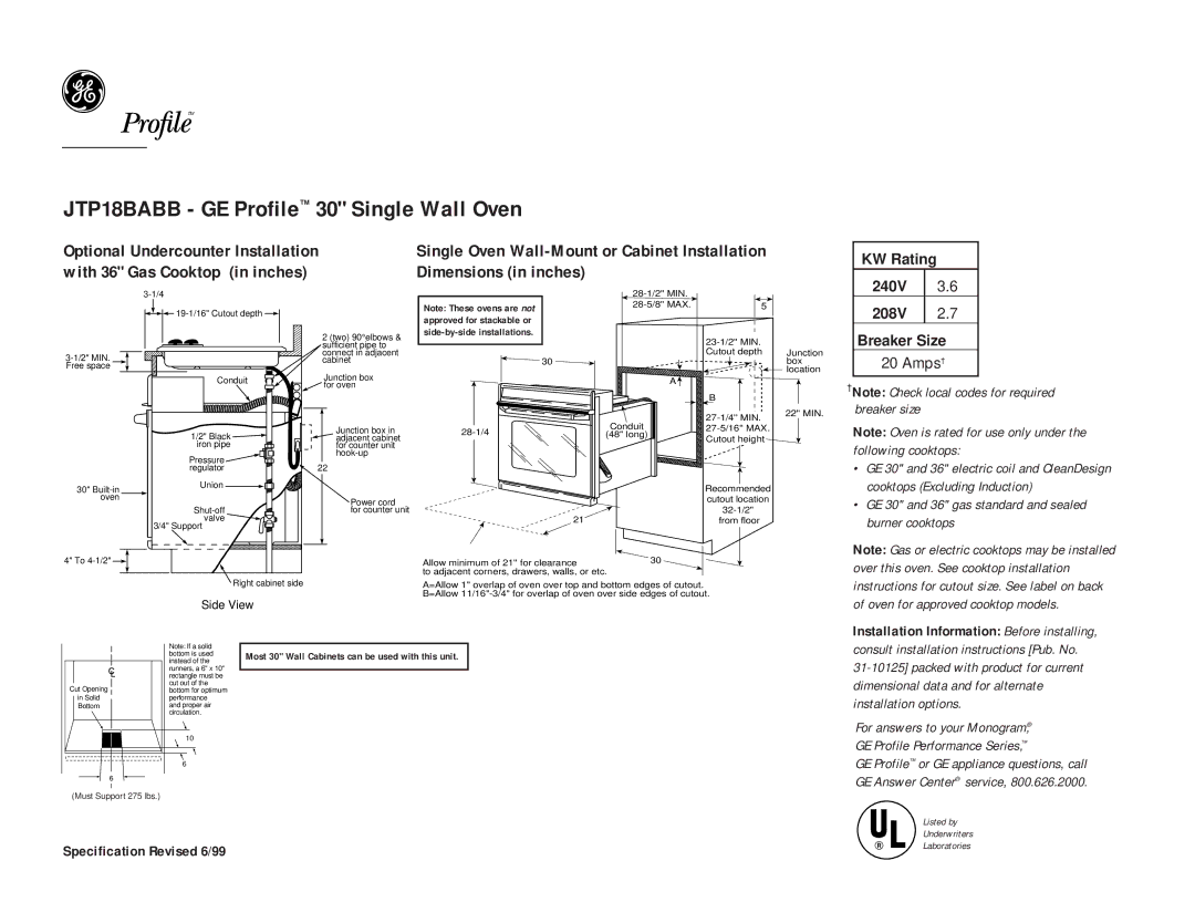 Profile JTP18BABB Optional Undercounter Installation, With 36 Gas Cooktop in inches Dimensions in inches, KW Rating 