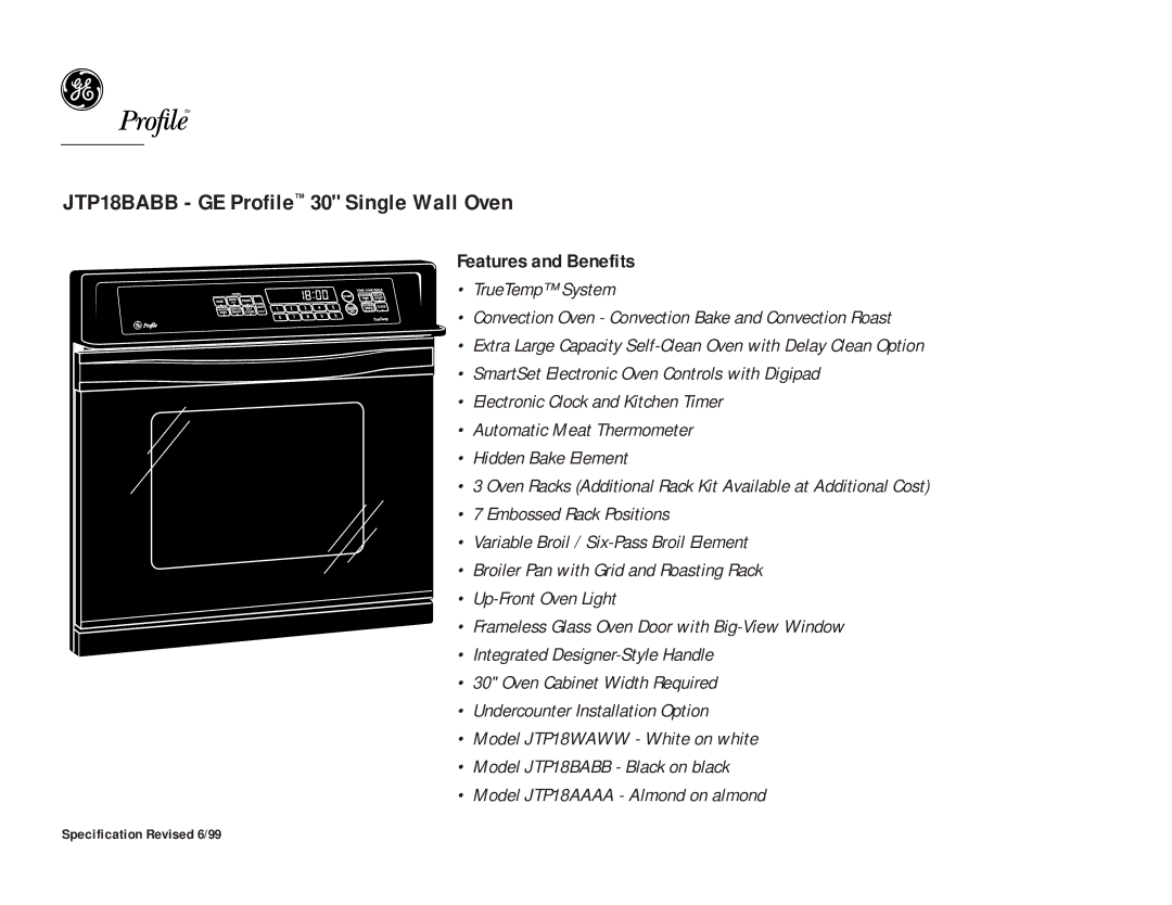 Profile JTP18BABB installation instructions Features and Benefits 