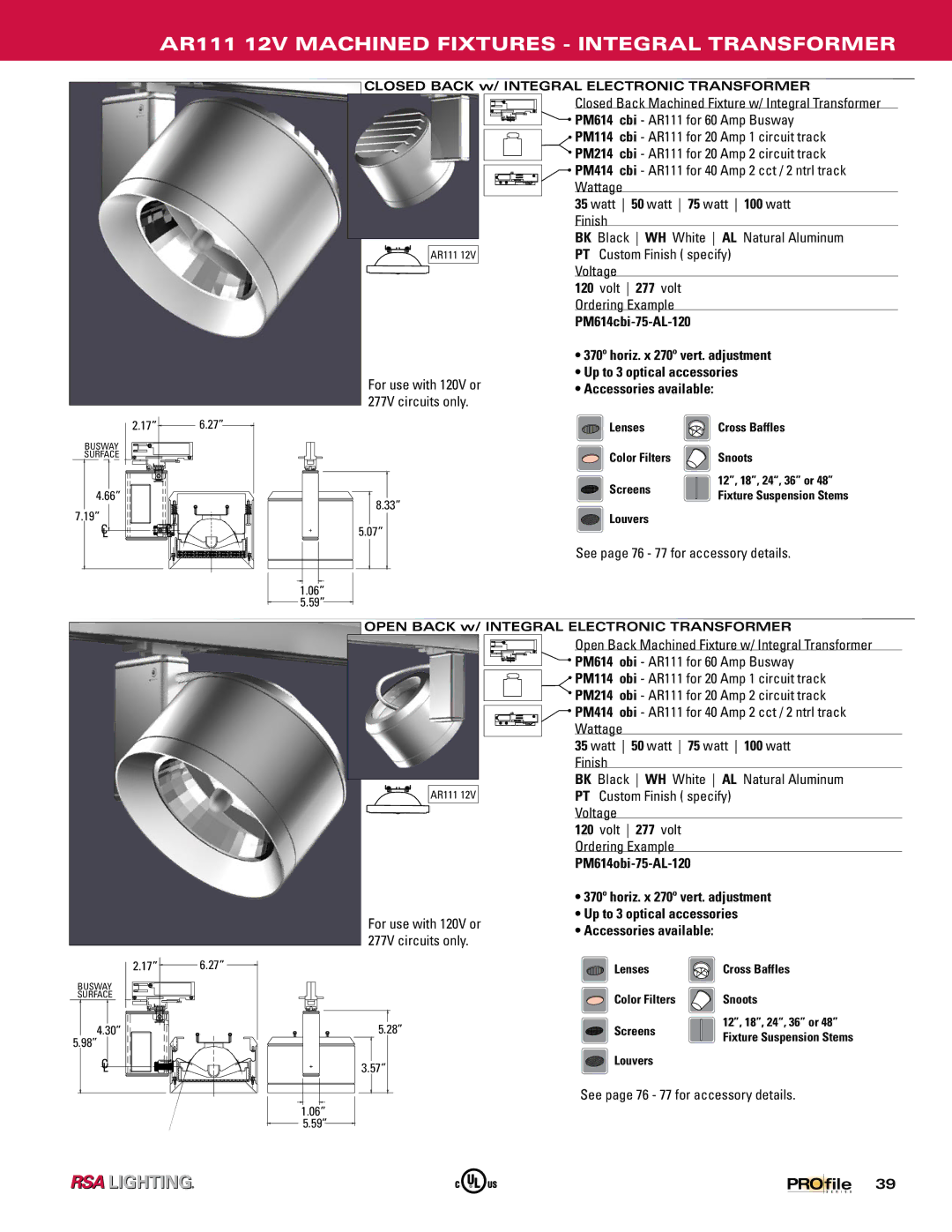 Profile Machined Aluminum Fixtures manual AR111 12V Machined Fixtures Integral Transformer 