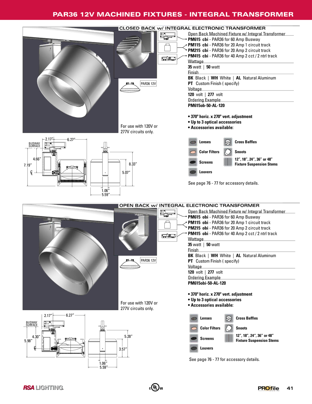 Profile Machined Aluminum Fixtures manual PAR36 12V Machined Fixtures Integral Transformer 