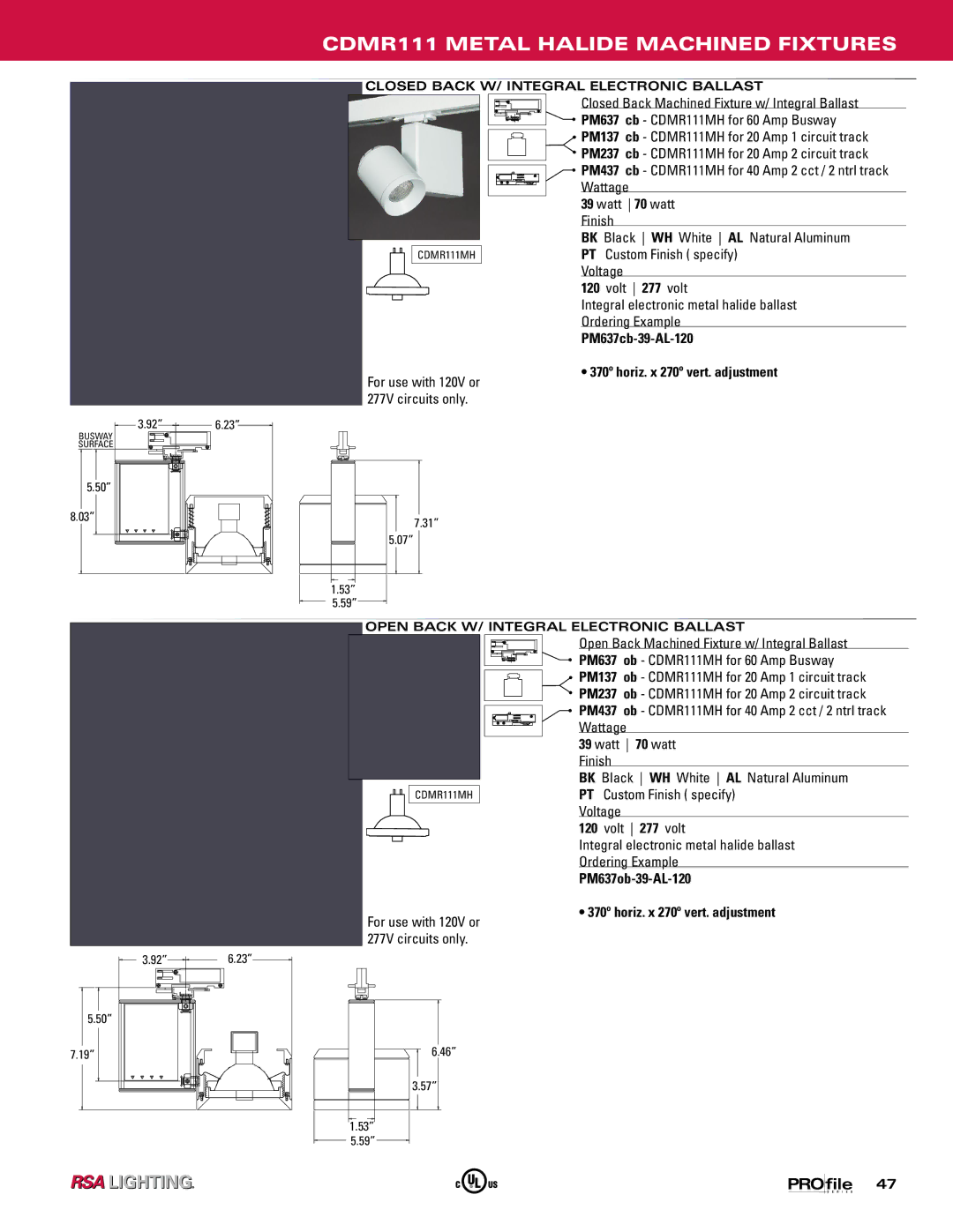 Profile Machined Aluminum Fixtures manual CDMR111 Metal Halide Machined Fixtures, PM637cb-39-AL-120 