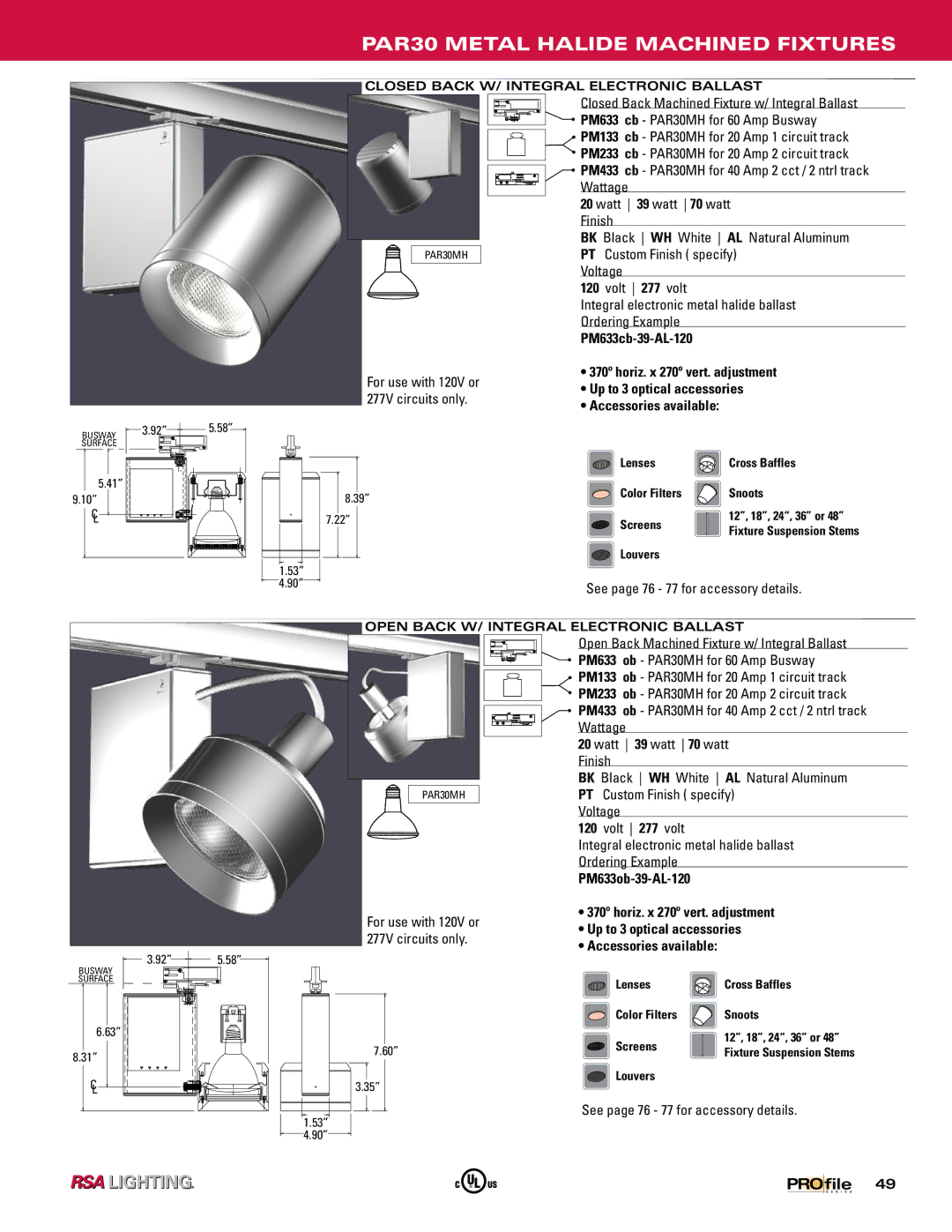 Profile Machined Aluminum Fixtures manual PAR30 Metal Halide Machined Fixtures, PM633cb-39-AL-120, PM633ob-39-AL-120 