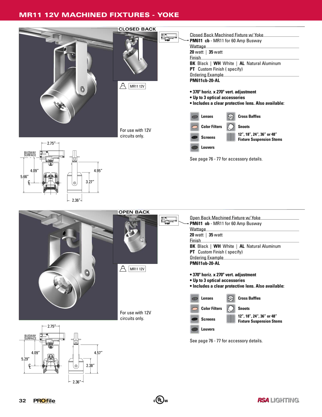 Profile Machined Aluminum Fixtures manual MR11 12V Machined Fixtures Yoke, PM611cb-20-AL, For use with, Circuits only 