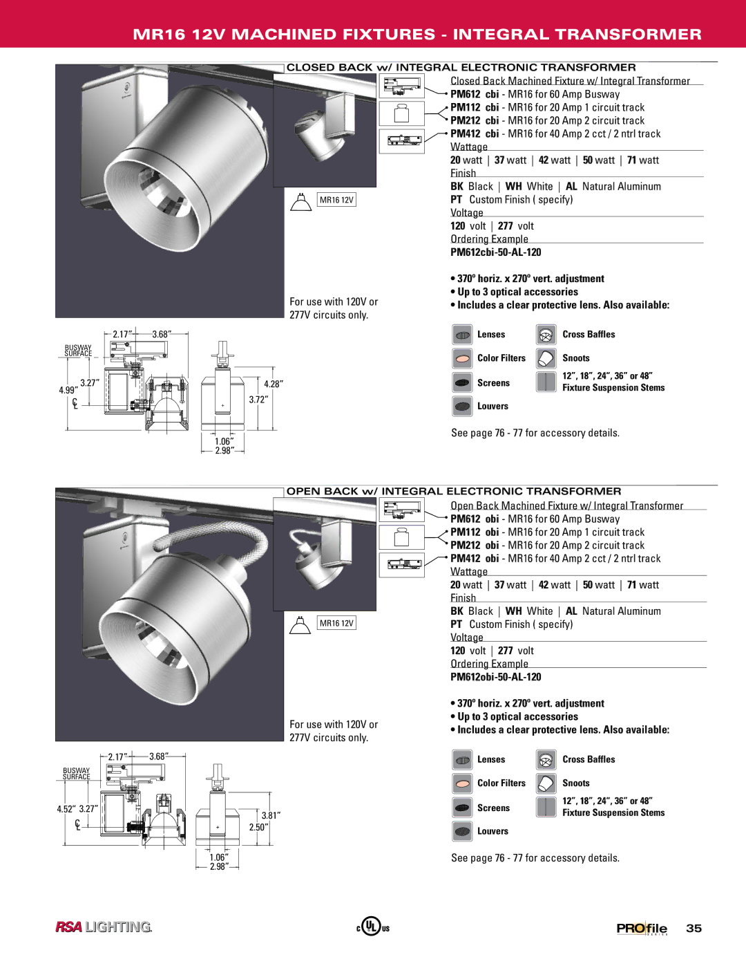 Profile Machined Aluminum Fixtures manual MR16 12V Machined Fixtures Integral Transformer 