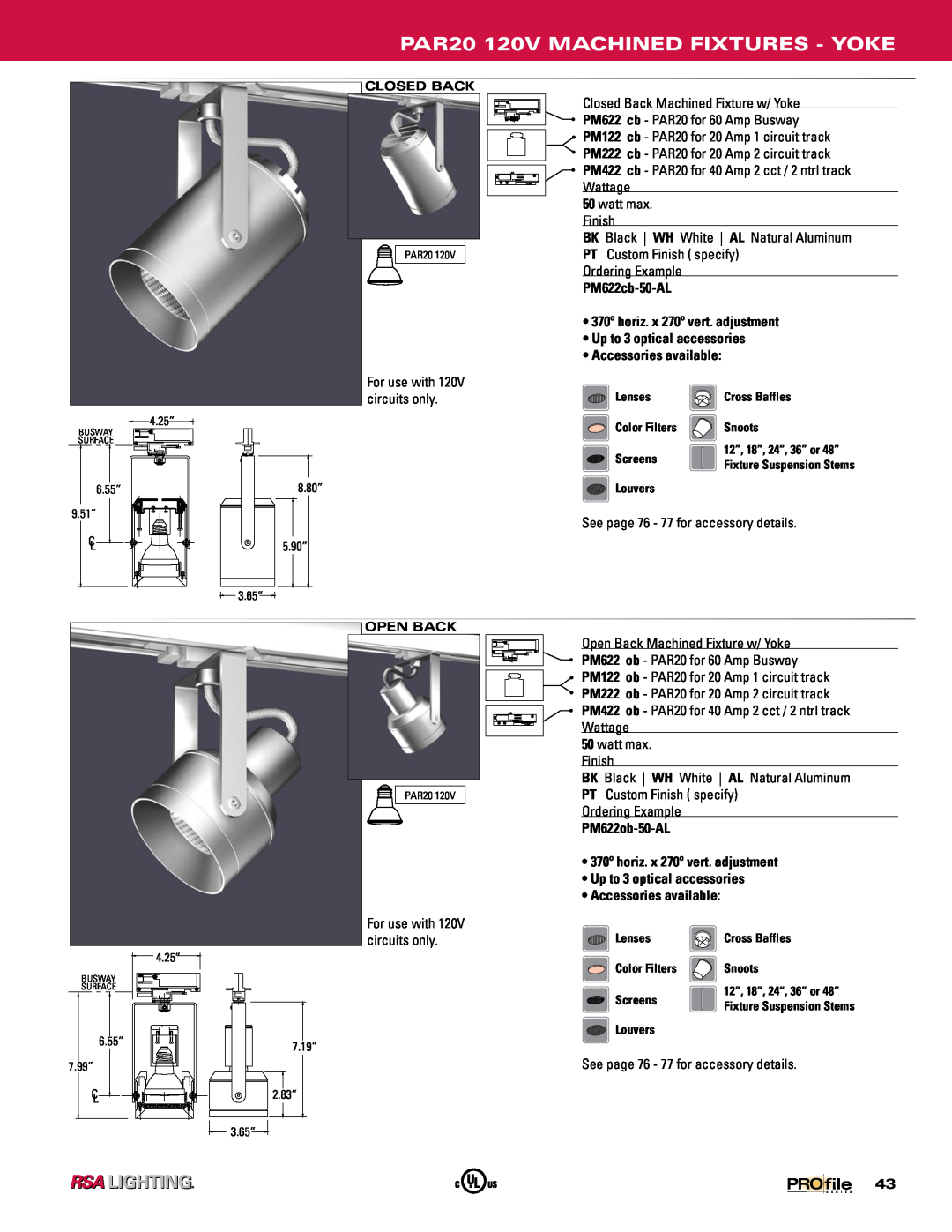 Profile Machined Aluminum Fixtures manual PAR20 120V MACHINED FIXTURES - YOKE, PM622cb-50-AL, PM622ob-50-AL 