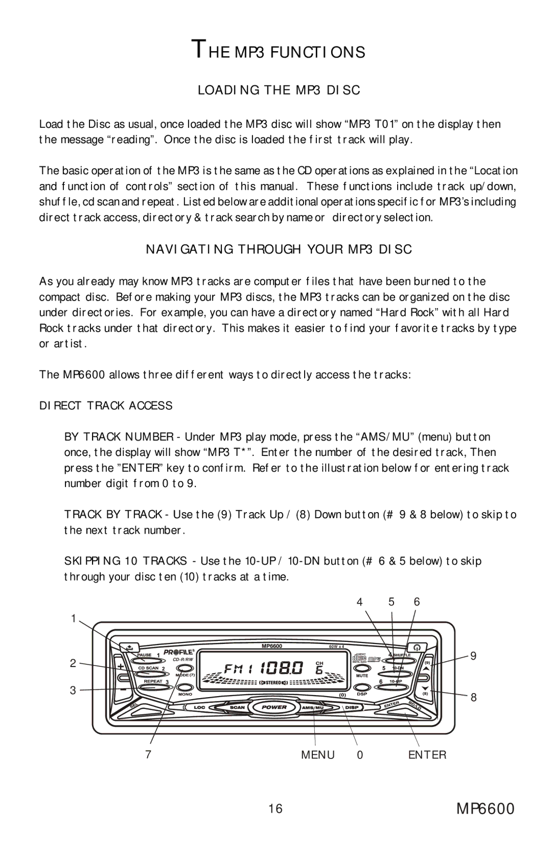 Profile MP3 Functions, 16MP6600, Loading the MP3 Disc, Navigating Through Your MP3 Disc, Direct Track Access 