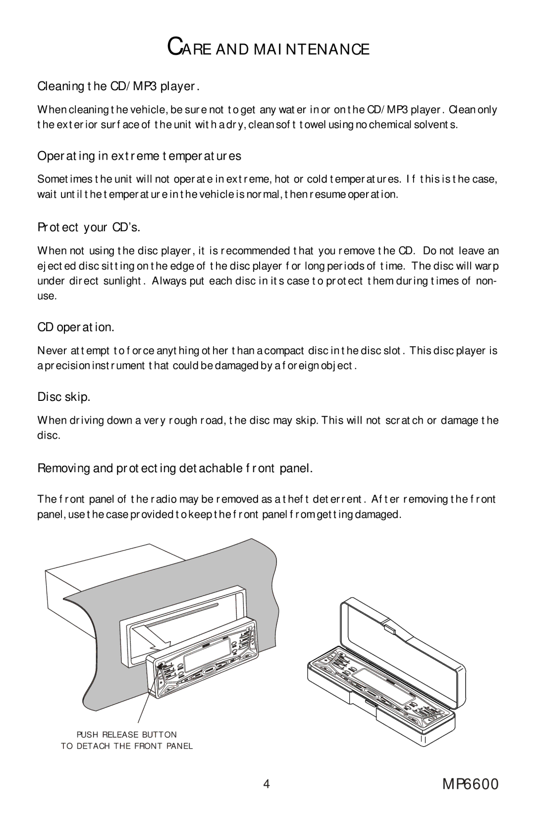 Profile MP6600 installation instructions Care and Maintenance, Cleaning the CD/MP3 player 