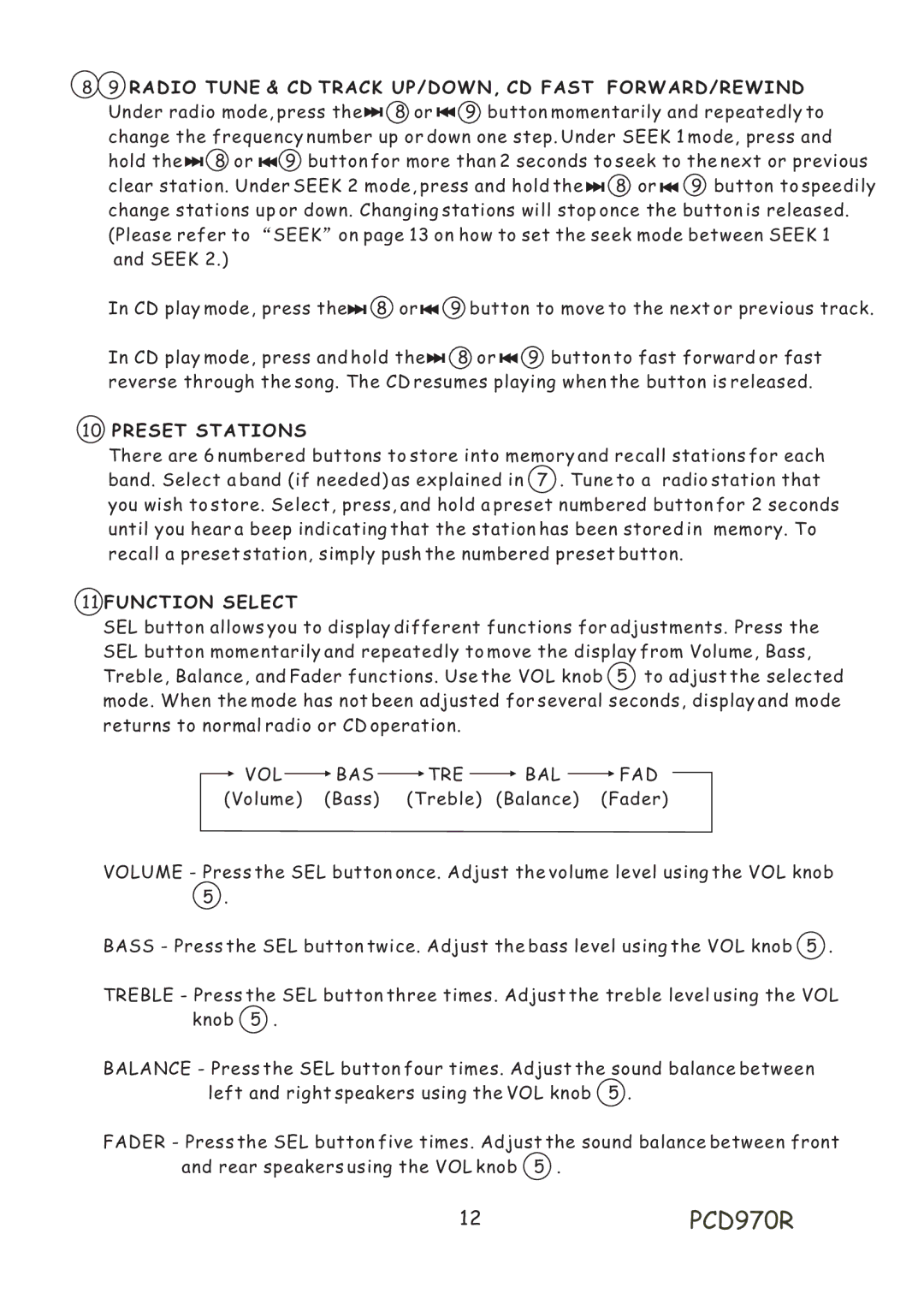 Profile 12PCD970R, Radio Tune & CD Track UP/DOWN, CD Fast FORWARD/REWIND, Preset Stations, Function Select 