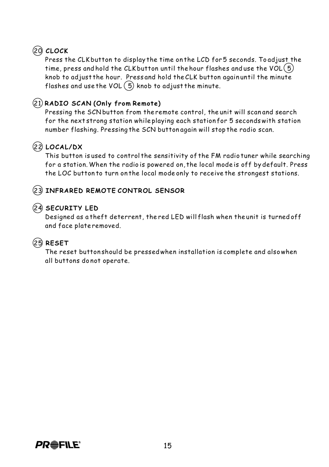 Profile PCD970R installation instructions Clock, Local/Dx, Infrared Remote Control Sensor Security LED, Reset 