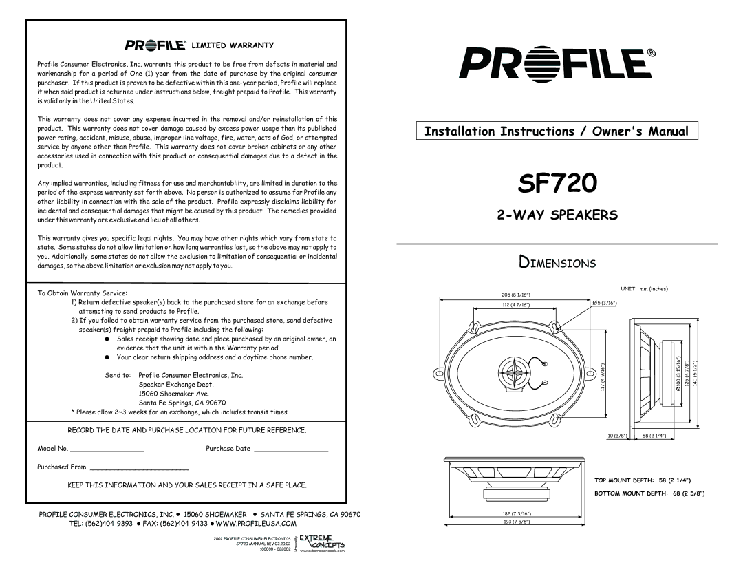 Profile SF720 installation instructions Dimensions, Limited Warranty 