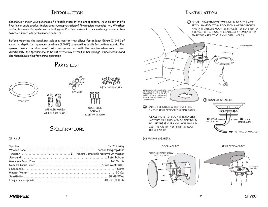 Profile SF720 installation instructions Introduction, Parts List, Installation, Specifications 