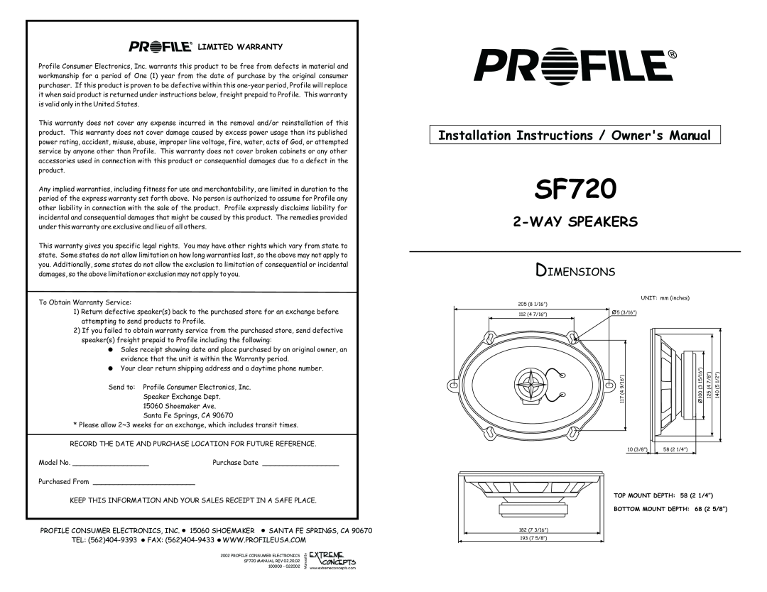 Profile SF720 installation instructions Dimensions, Wayspeakers, Limited Warranty 