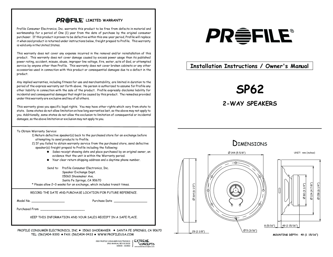 Profile SP62 installation instructions WAY Speakers, Dimensions, Limited Warranty 