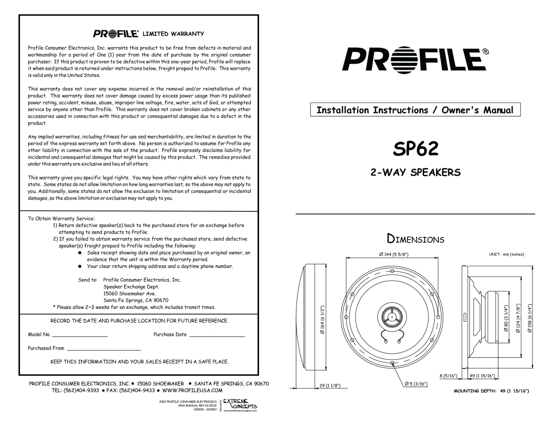 Profile SP62 installation instructions Dimensions, Wayspeakers, Limited Warranty 