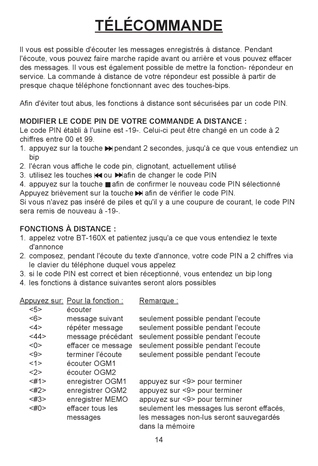 Profoon Telecommunicatie H2552 manual Télécommande, Modifier LE Code PIN DE Votre Commande a Distance, Fonctions À Distance 