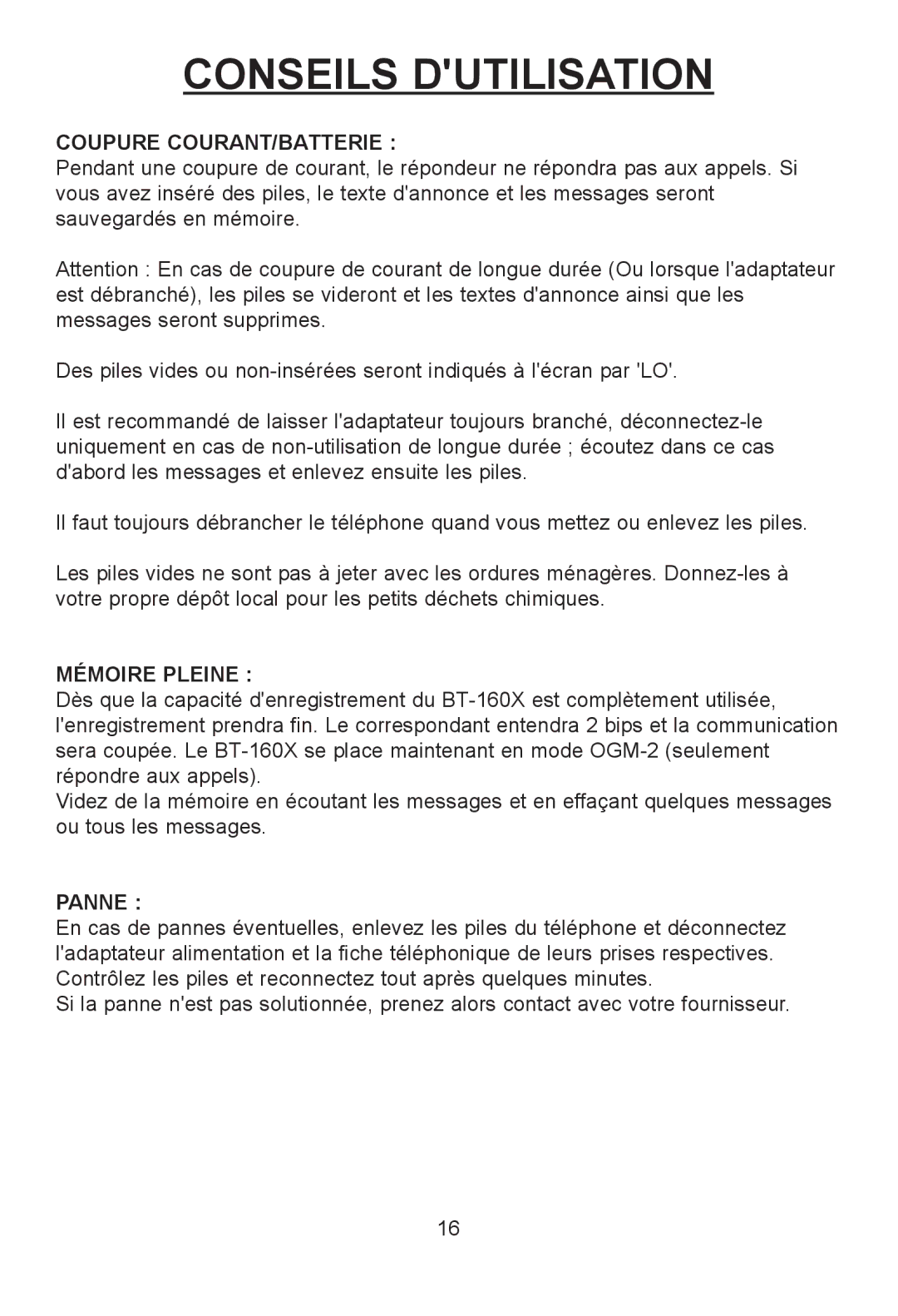 Profoon Telecommunicatie H2552EFL28U, H2552FL28 Conseils Dutilisation, Coupure COURANT/BATTERIE, Mémoire Pleine, Panne 