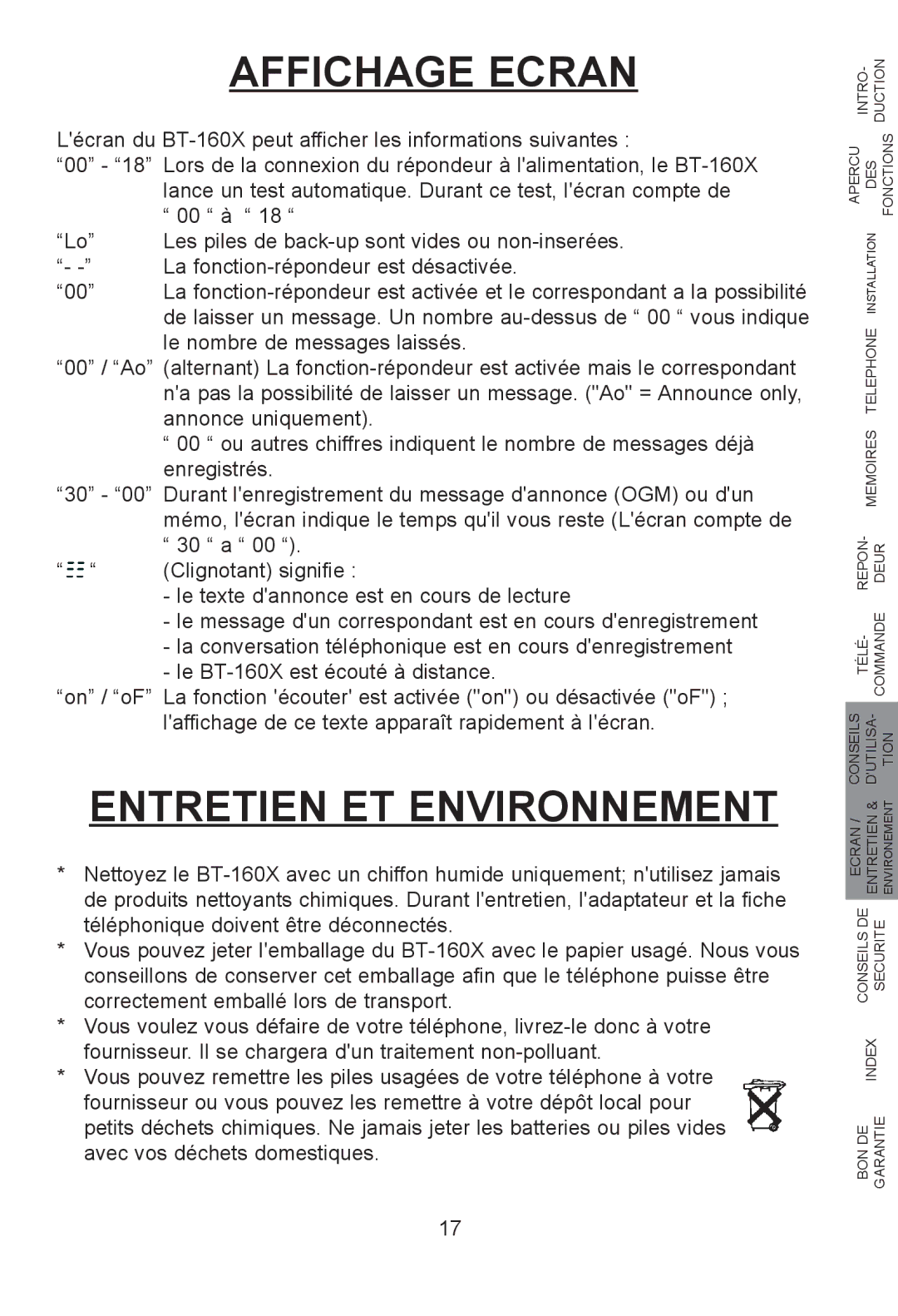 Profoon Telecommunicatie H2552FL28, H2552EFL28U manual Affichage Ecran, Entretien ET Environnement 