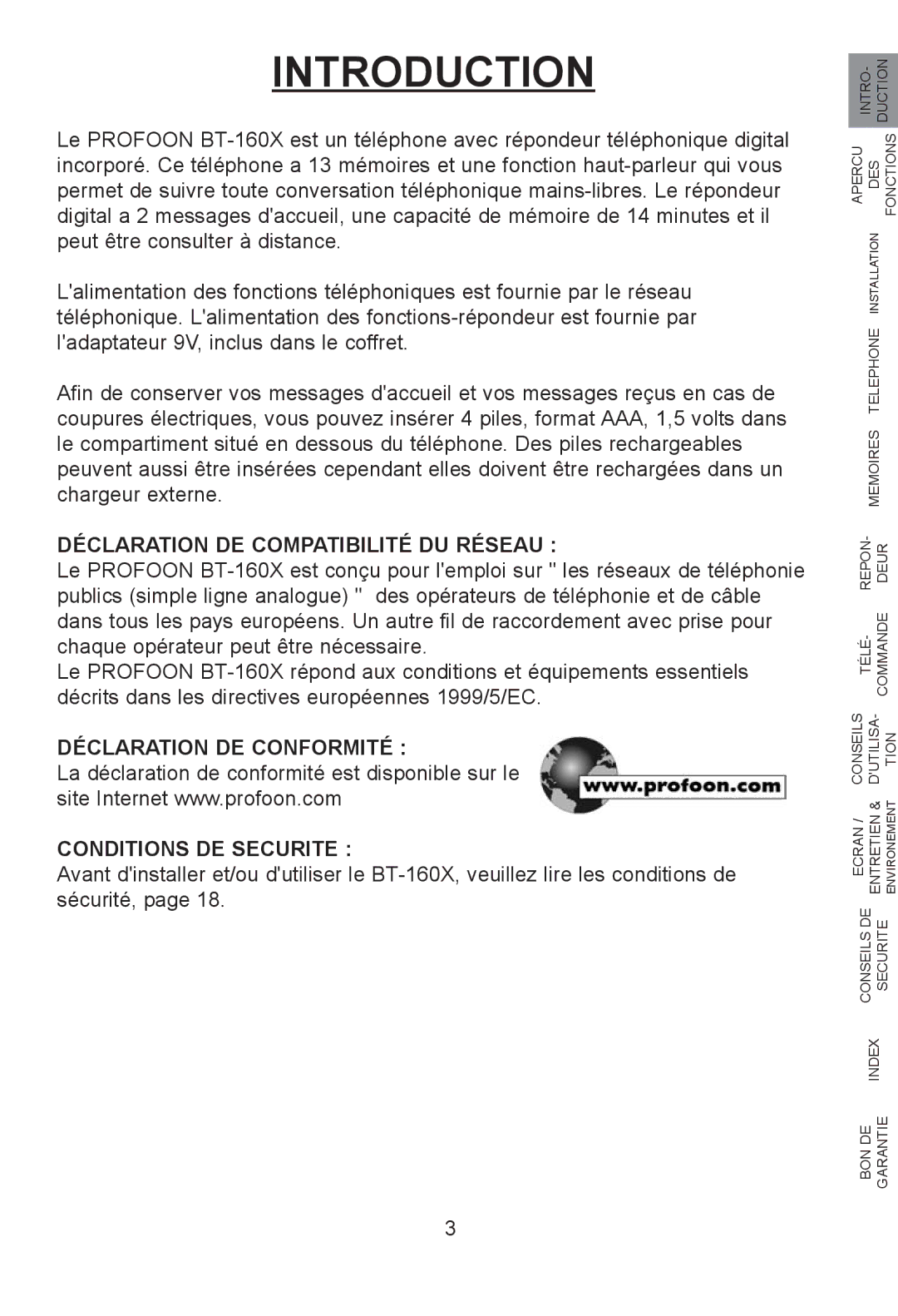 Profoon Telecommunicatie H2552FL28, H2552EFL28U manual Introduction, Déclaration DE Compatibilité DU Réseau 