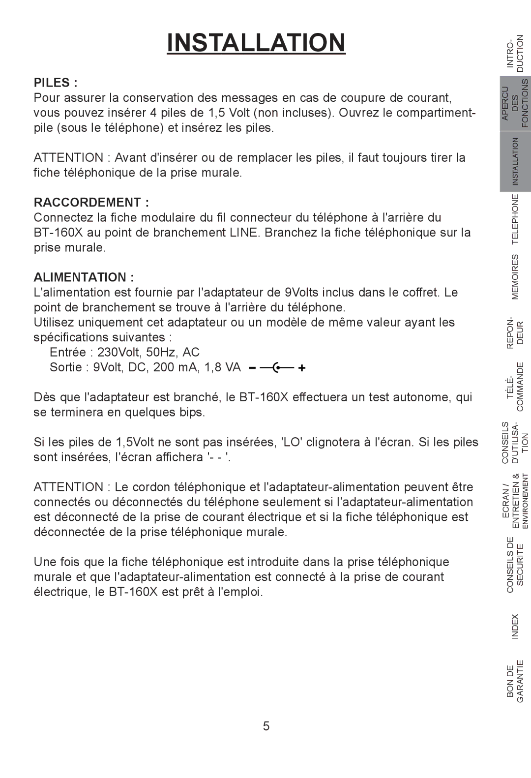 Profoon Telecommunicatie H2552FL28, H2552EFL28U manual Installation, Piles, Raccordement, Alimentation 