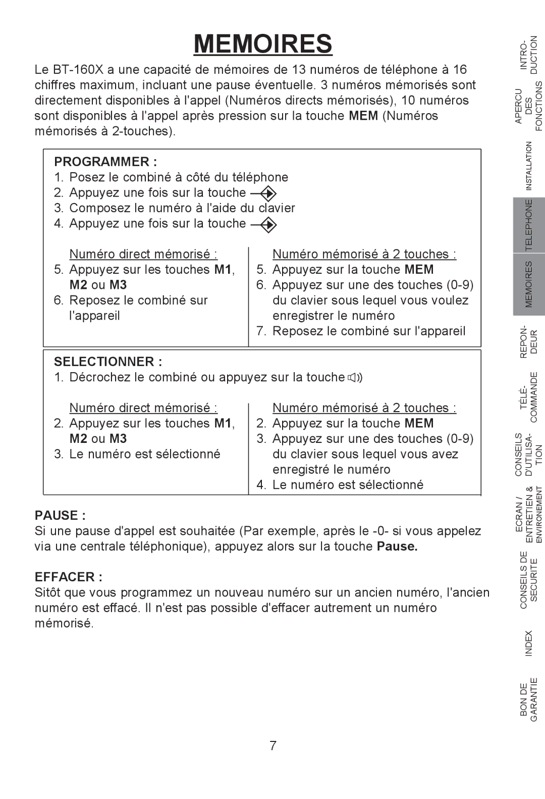 Profoon Telecommunicatie H2552EFL28U, H2552FL28 manual Memoires, Programmer, Selectionner, Pause, Effacer 